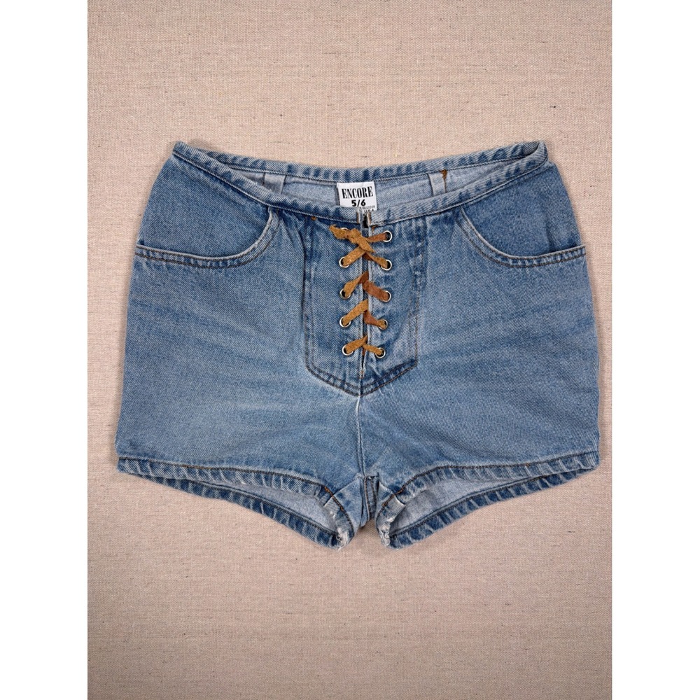 Vintage Encore Denim Lace Up Front Shorts Medium Wash Cotton Made in USA 5/6